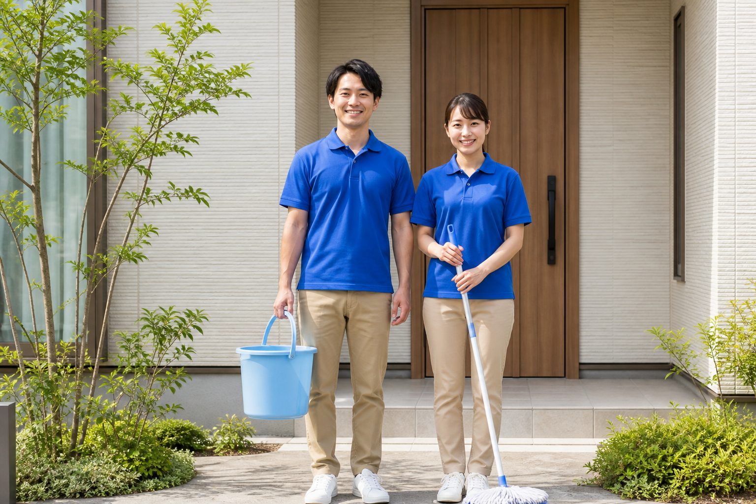 清掃道具を持って玄関先に立つスタッフ2名