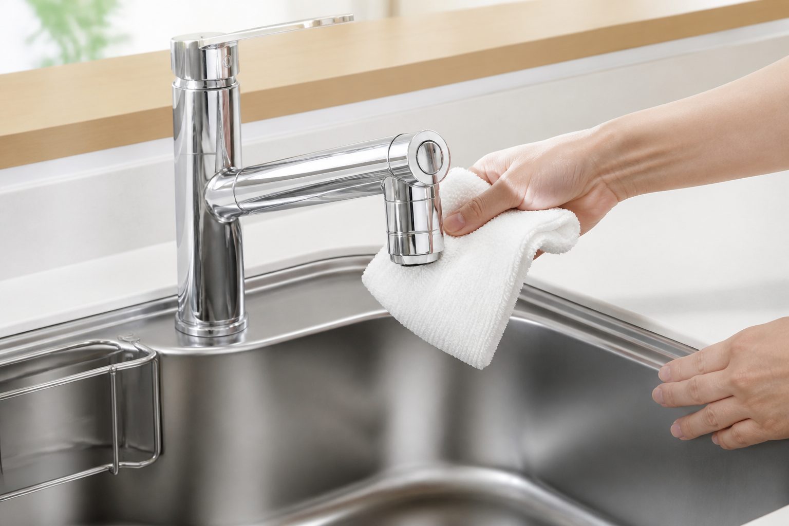 キッチンの水栓をクロスで磨き上げている手元