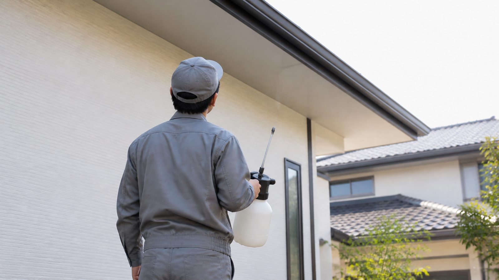 住宅の軒下を点検する作業スタッフ